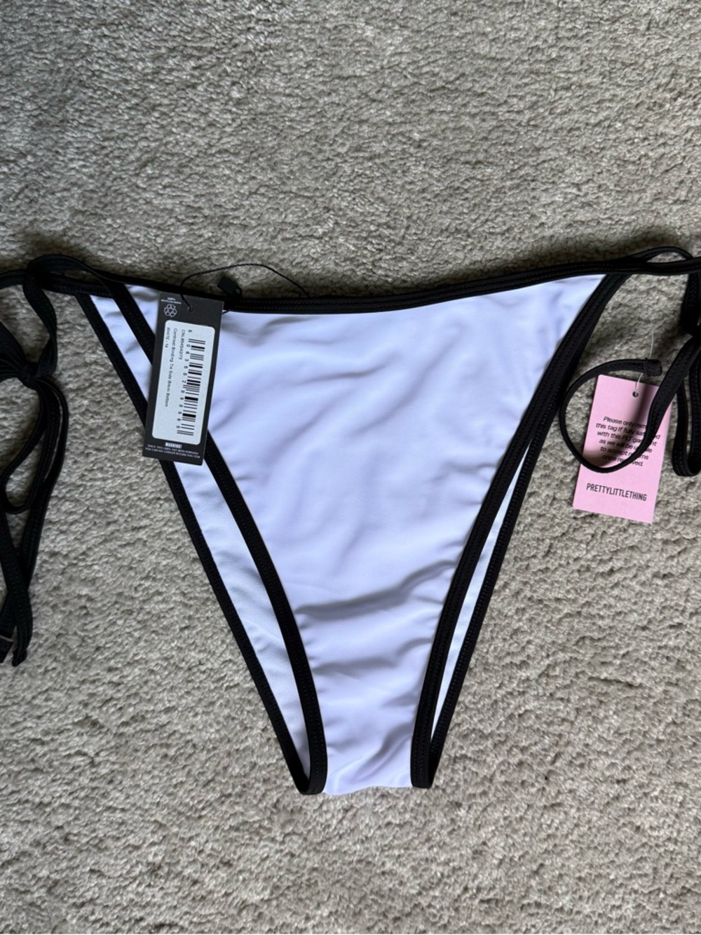 PrettyLittleThing White Black Bikini Bottom Contrast Tie-Side Trim Size 10 Beach